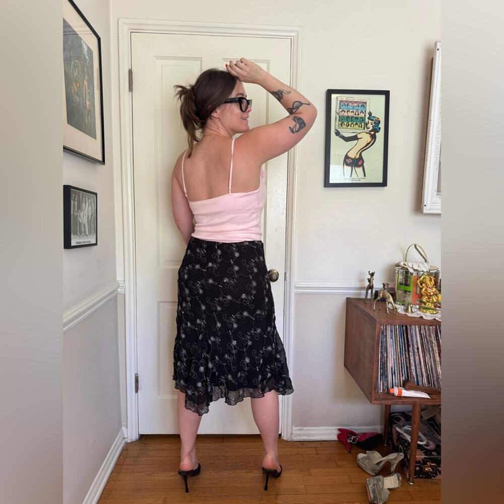 Y2K Black Slip Skirt with embroidered flowers and sequins - Picture 3 of 9